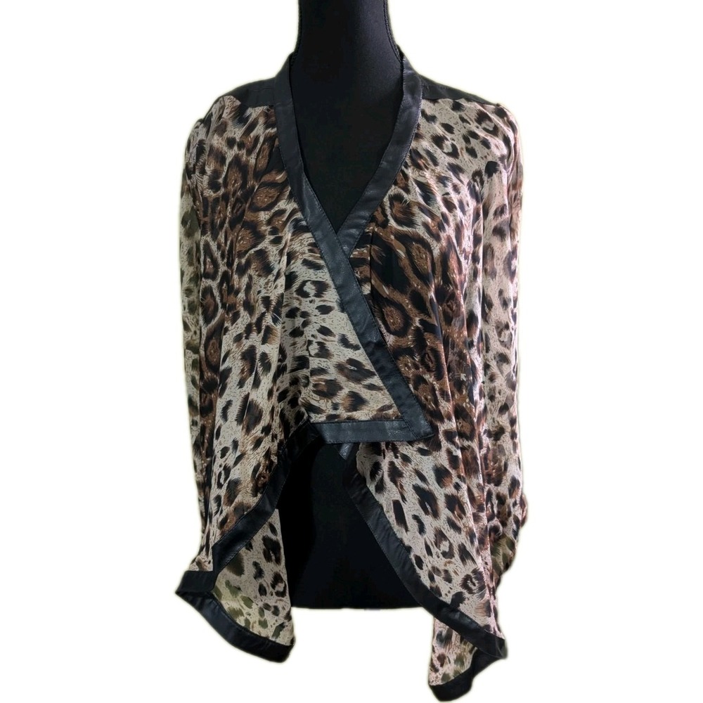 Last Kiss Leopard‎ Print Open Front Cardigan Jacket Faux Leather Trim M